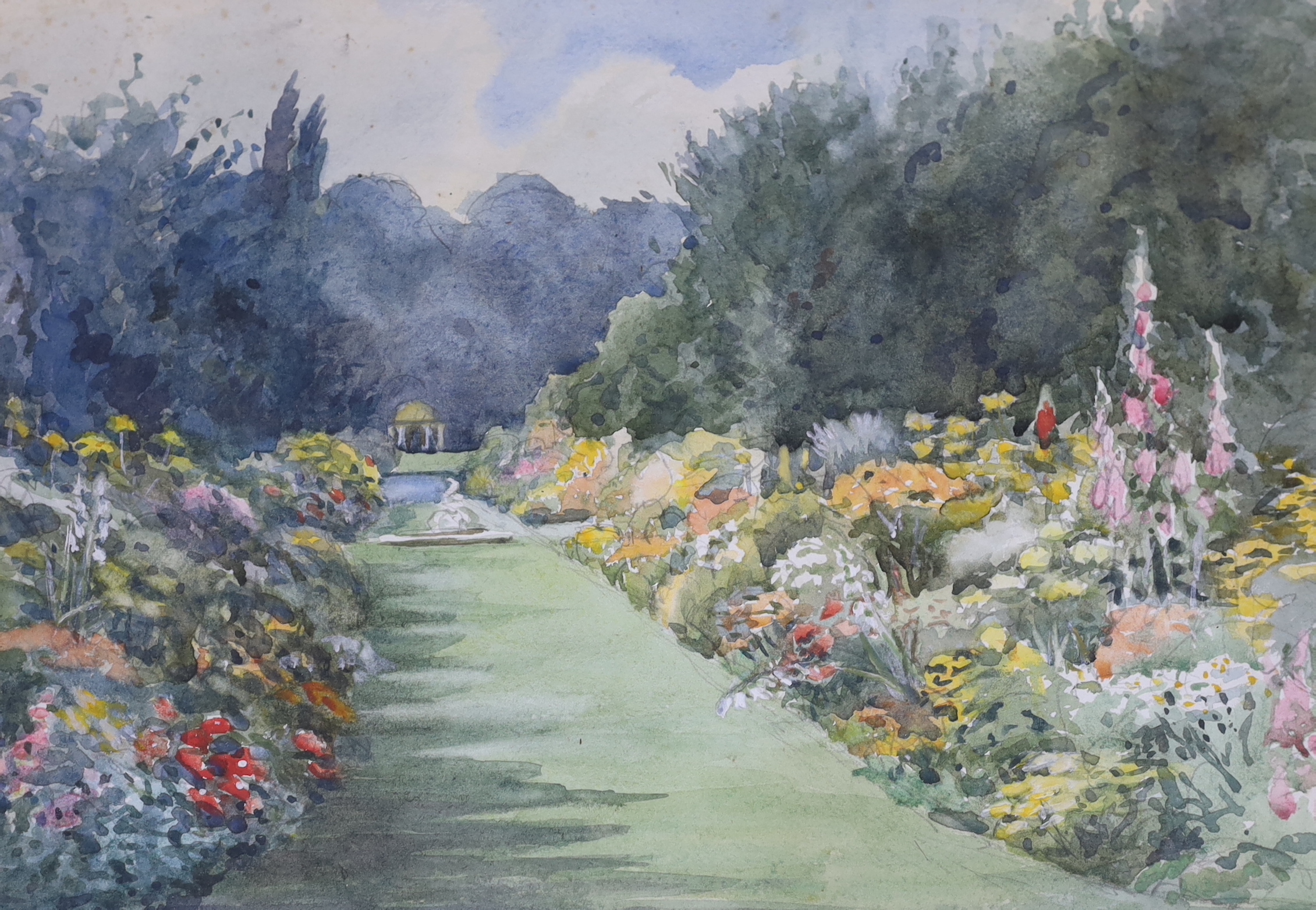 Four 20th century watercolours, Venetian canal, garden scene and river landscapes, one indistinctly signed each approximately 36 x 24cm